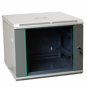 Wall-mounted 19" rack cabinet, 12U, glass door, 600mm d., flat pack