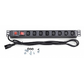 Power distribution unit, 19" rackmount, 8 C13 outlets, on/off switch, breaker, IEC C14 plug, 1.8m