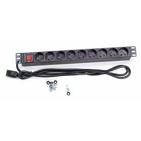 Power distribution unit, 19" rackmount, 9 outlets, on/off switch, breaker, IEC C14 plug, 1.8m