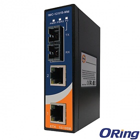 IMC-121FB-MM-SC, Industrial mini Ethernet to fiber media converter, DIN, 2x 10/100TX (RJ-45) + 1x 100FX (MM SC) 