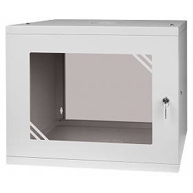 Wall-mounted 19" rack cabinet, 9U, glass door, 450mm d., flat pack