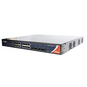 RGPS-R9244GP+-LP, Industrial Layer-3 28-port managed Gigabit PoE Ethernet switch, 24x 10/1000 RJ-45 PoE + 4 1G/10G SFP+ slots, O/Open-Ring <30ms, L3 