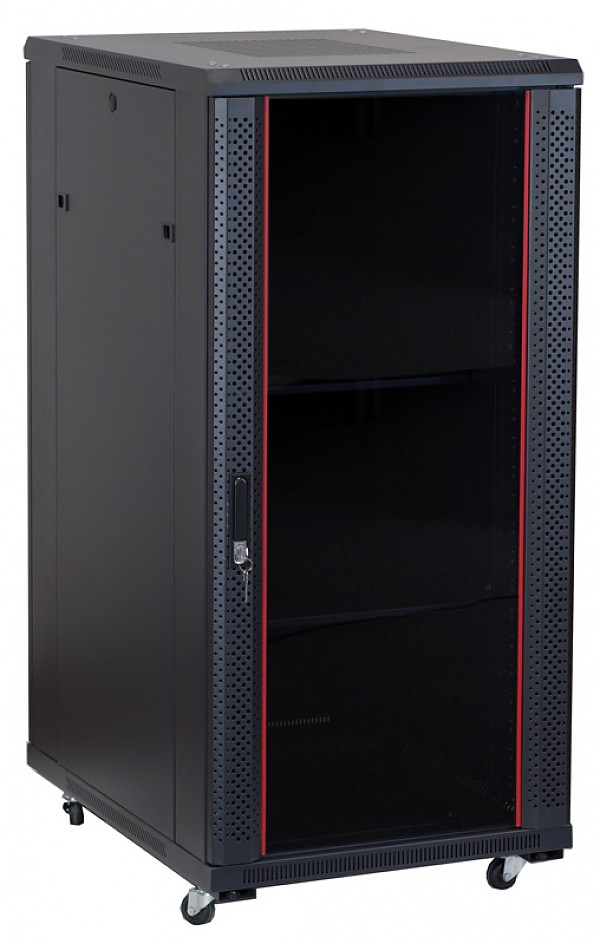 Floor-standing 19" rack cabinet, 25U, glass door, 800mm, black