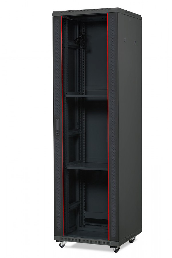 Floor-standing 19" rack cabinet, 42U, glass door, 600mm d., black