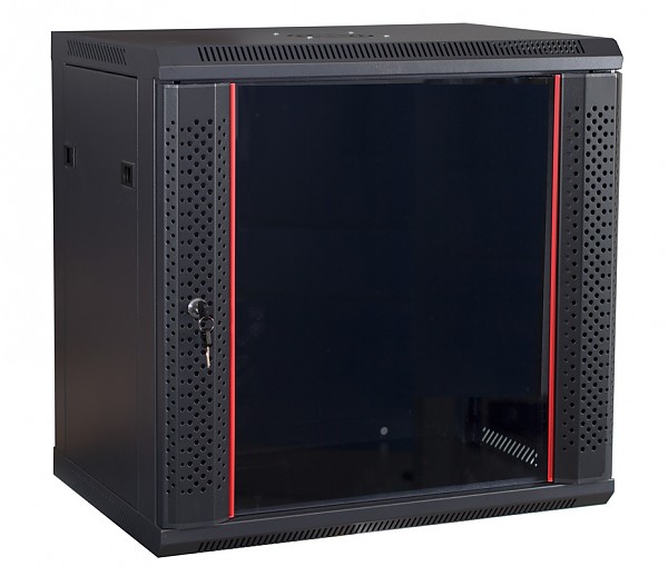 Wall-mounted 19" rack cabinet, 12U, glass door, 440mm d., black