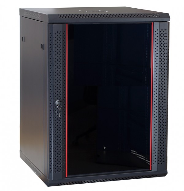 Wall-mounted 19" cabinet, 15U, glass door, 760 x 600 x 600 mm, black 