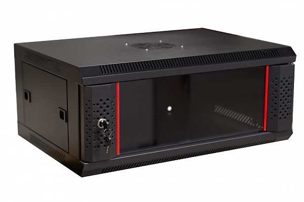 Wall-mounted 19" rack cabinet, 4U, glass door, 450mm d., black