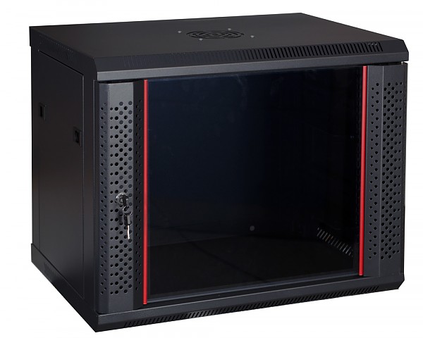 Wall-mounted 19" rack cabinet, 9U, glass door, 440mm, black