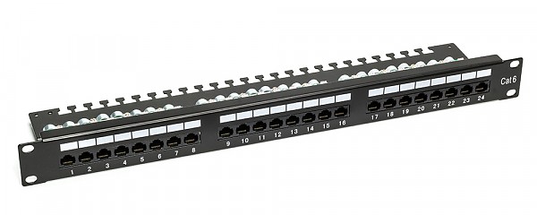 Patch panel, 24-port, UTP, cat. 6, 1U, 19", Krone type, w/cable holder 