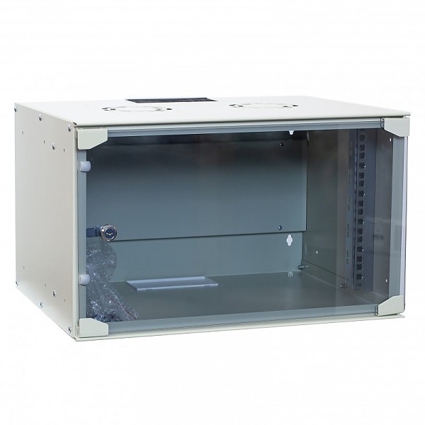 Wall-mounted 19" rack cabinet, 6U, glass door, 400mm d.