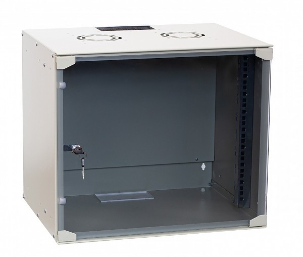 Wall-mounted 19" rack cabinet, 9U, glass door, 400mm d.