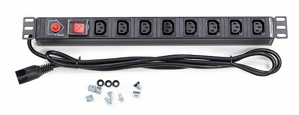 Power distribution unit, 19" rackmount, 8 C13 outlets, on/off switch, breaker, IEC C14 plug, 1.8m 