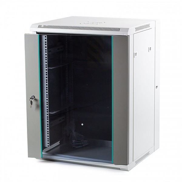 Wall-mounted 19" rack cabinet, 15U, glass door, 540mm d.