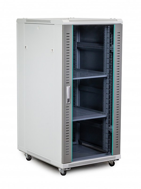 Floor-standing 19" rack cabinet, 25U, glass door, 800mm
