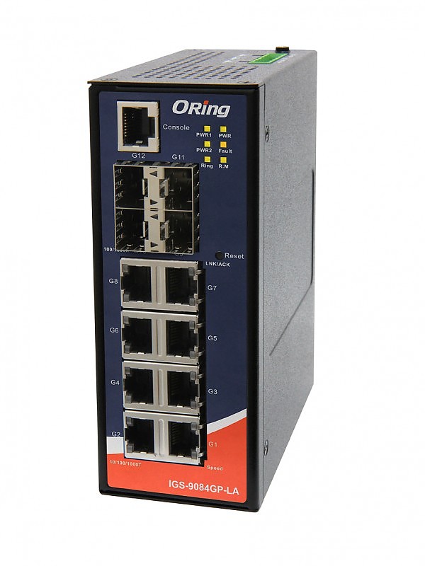 ORing IGS-9084GP-LA, Cyber-hardened Managed Industrial switch, 8x 10/1000 RJ-45 + 4 slide-in SFP slots, O/Open-Ring <20ms, slim housing