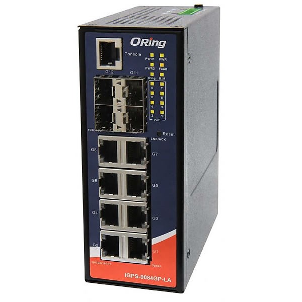 ORing IGPS-9084GP-LA, Industrial Managed switch, 8x 10/1000 RJ-45 PoE + 4 slide-in SFP slots, O/Open-Ring <20ms, slim housing