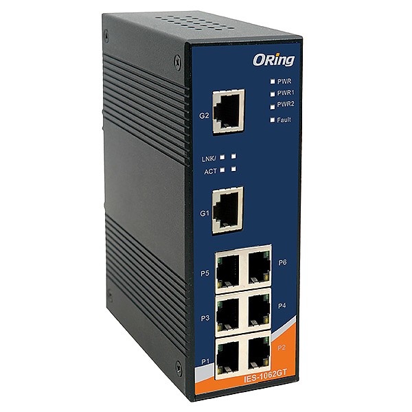 Unmanaged switch,  6x 10/100 RJ-45 + 2x 10/1000 RJ-45 (ORing IES-1062GT) 