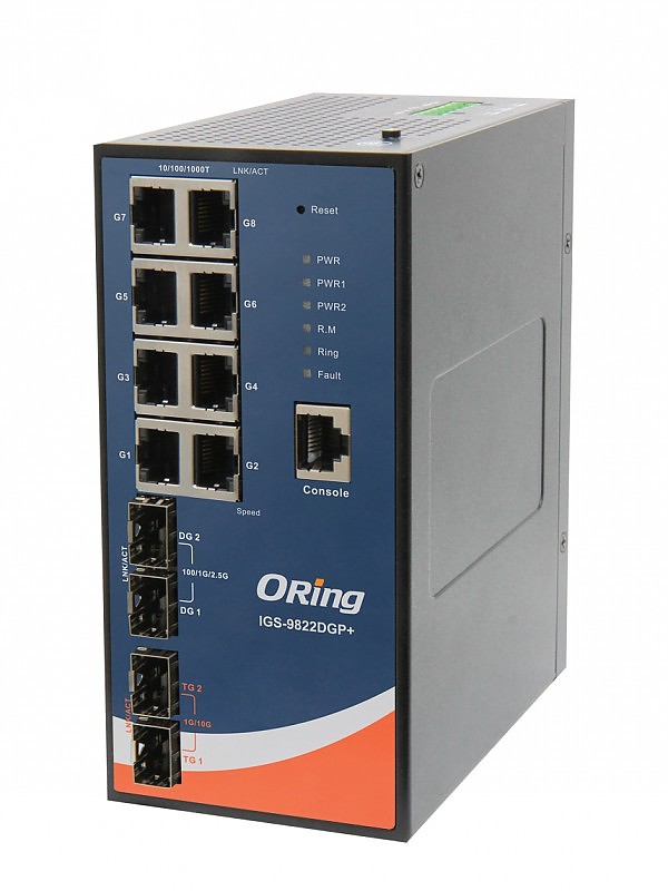 ORing IGS-9822DGP+, Managed switch, 8x 10/1000 RJ-45 + 2x100/2,5G SFP + 2x1G/10G SFP, O/Open-Ring <30ms