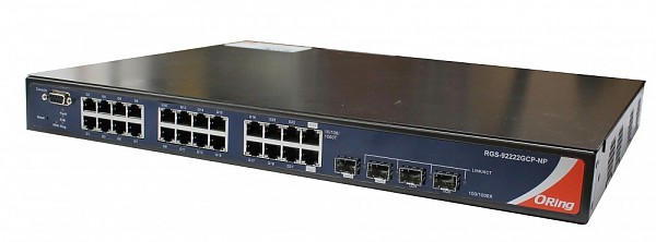 Managed switch, 22x 10/1000 RJ-45 + 2x 10/100/1000 COMBO Ports with SFP + 2 slide-in SFP slots, O/Open-Ring <30ms (ORing RGS-92222GCP-NP) 