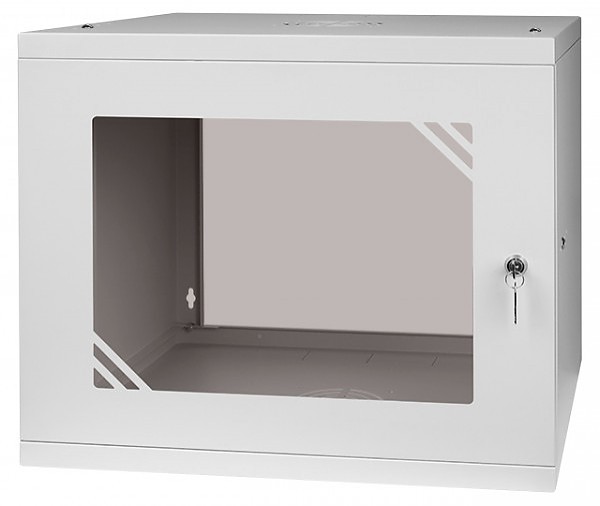 Wall-mounted 19" cabinet, 9U, glass door, 452x523x450 mm, flat pack 