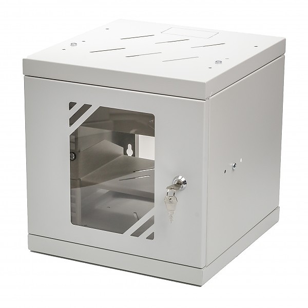 Wall-mounted 10" rack cabinet, 6U, glass door, 300mm, flat pack