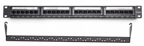 Patch panel, 24-port, UTP, cat. 5e, 1U, 19", Dual block, w/cable holder 