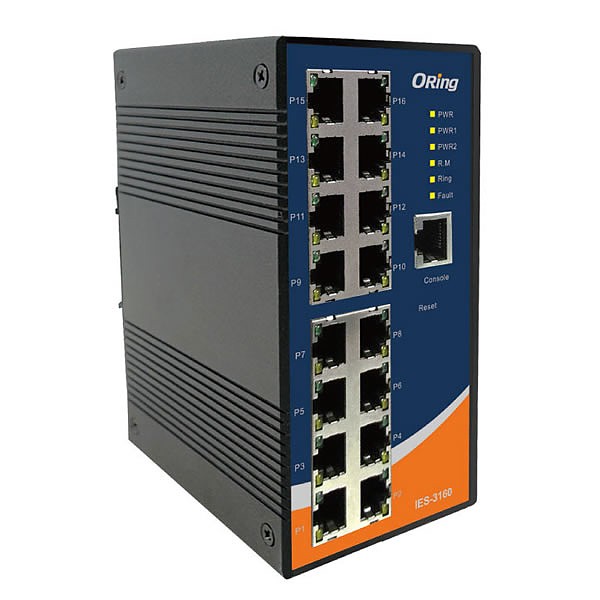 Managed switch, 16x 10/100 RJ-45, O/Open-Ring <10ms (ORing IES-3160) 