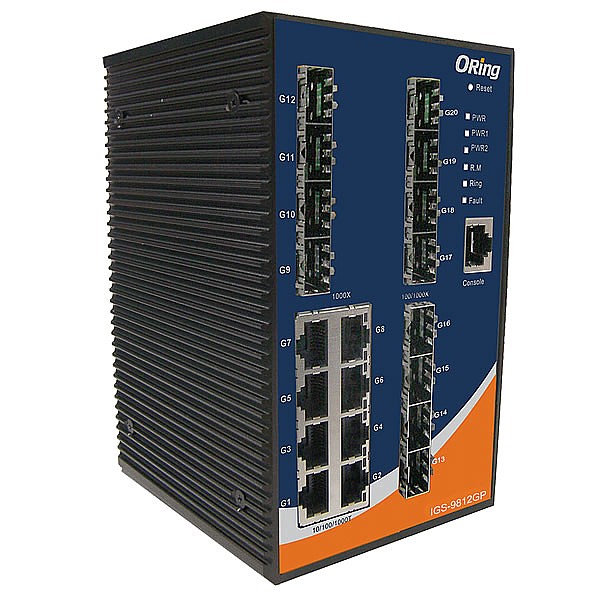 IGS-9812GP, Industrial 20-port managed Gigabit Ethernet switch, DIN, 8x 10/1000 RJ-45 + 12x100/1000 SFP w/DDM, O/Open-Ring <30ms