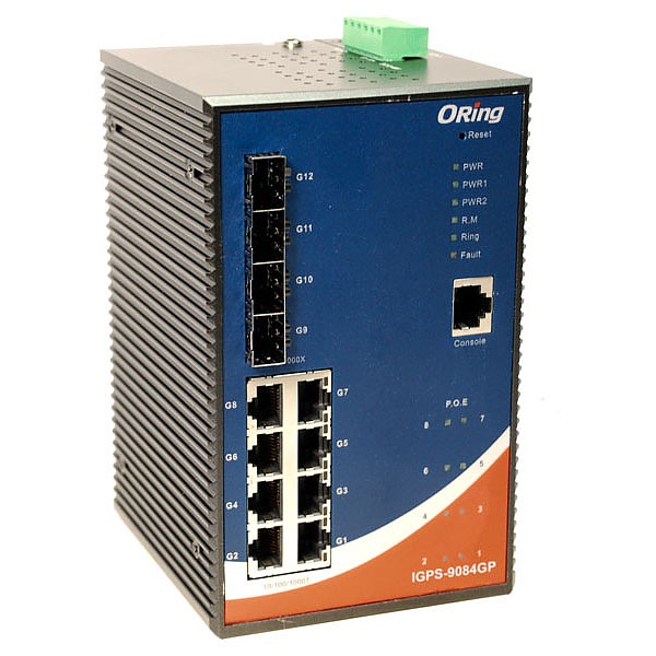 IGPS-9084GP, Industrial 12-port managed Gigabit PoE Ethernet switch, DIN, 8x 10/1000 RJ-45 PoE + 4 slide-in SFP slots, O/Open-Ring <20ms