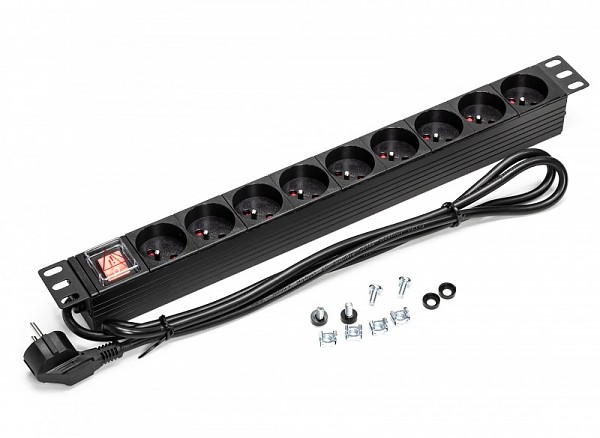 Power distribution unit, 19" rackmount, 9 outlets, on/off switch, 1.8m 