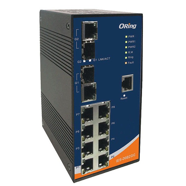 Managed switch, 8x 10/100 RJ-45 + 2 slide-in SFP slots / RJ-45, O/Open-Ring <10ms (ORing IES-3082GC) 