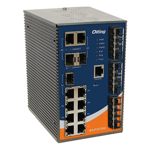 Managed switch,  7x 10/100 RJ-45 + 3 slide-in SFP slots / RJ-45, O/Open-Ring <10ms (ORing IES-P3073GC-HV) 