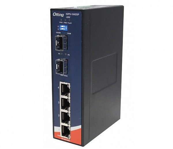 IGPS-1042GP-24V, Industrial 6-port unmanaged Gigabit PoE Ethernet switch, DIN, 4x 10/1000 RJ-45 P.S.E. + 2x 1000 SFP