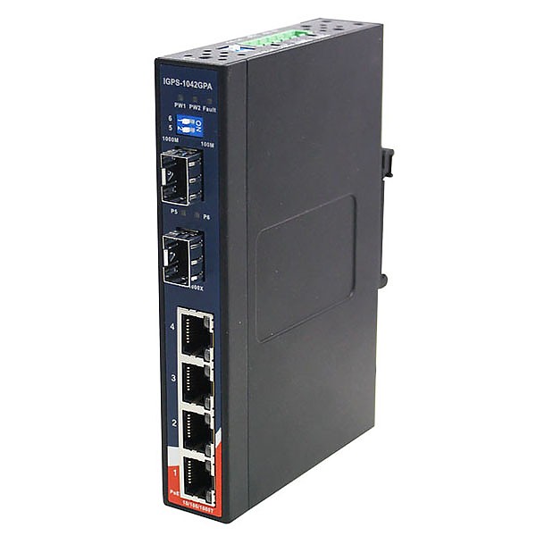 IGPS-1042GP-24V, Industrial 6-port unmanaged Gigabit PoE Ethernet switch, DIN, 4x 10/1000 RJ-45 P.S.E. + 2x 1000 SFP