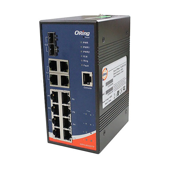 Managed switch,  8x 10/1000 RJ-45 PoE + 4x 10/1000 RJ-45 + 2 slide-in SFP slots, O/Open-Ring <20ms (ORing IGPS-9842GTP) 