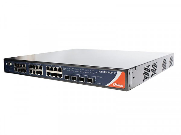 Managed switch, 24x 10/1000 RJ-45 PoE + 4 1G/10G SFP+ slots, O/Open-Ring <30ms, L3 (ORing RGPS-R9244GP+-LP) 