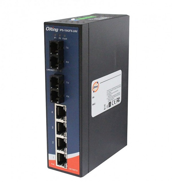 IPS-1042-FX-MM-SC-24V, Industrial 6-port slim unmanaged PoE Ethernet switch, DIN, 4x 10/100 RJ-45 PoE + 2x 100 MM SC, slim housing