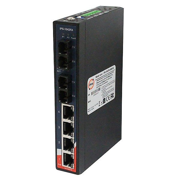 IPS-1042-FX-MM-SC-24V, Industrial 6-port slim unmanaged PoE Ethernet switch, DIN, 4x 10/100 RJ-45 PoE + 2x 100 MM SC, slim housing