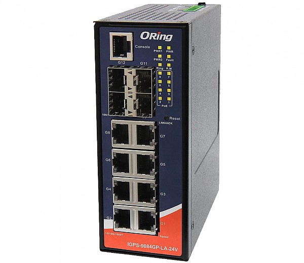 Managed switch, 8x 10/1000 RJ-45 PoE + 4 slide-in SFP slots, O/Open-Ring <20ms (ORing IGPS-9084GP-LA-24V) 