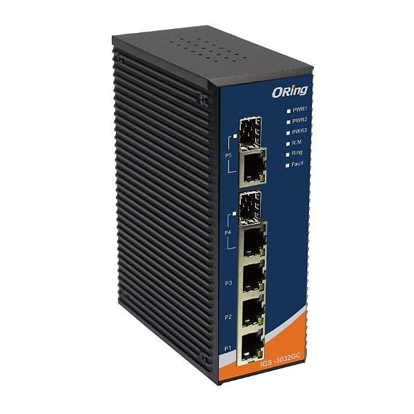 IGS-3032GC, Industrial 5-port managed Gigabit Ethernet switch, DIN, 3x 10/1000 RJ-45 + 2x1000 SFP w/DDM, O/Open-Ring <20ms 