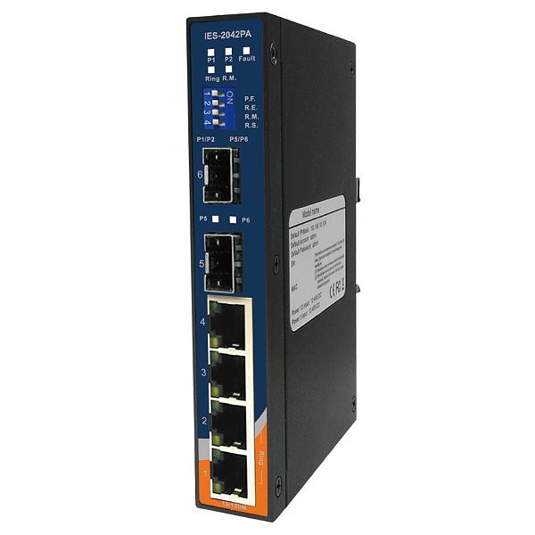 IES-2042PA, Industrial 6-port slim type lite-managed Ethernet switch, DIN, 4x 10/100 RJ-45 + 2x100 SFP, O/Open-Ring <10ms