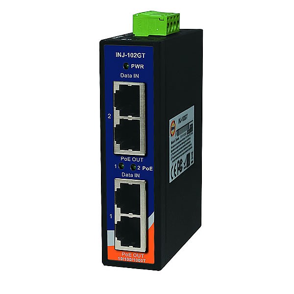 INJ-102GT, Industrial 2-port Gigabit High Power PoE Injector, DIN, 2x10/1000 RJ-45 PoE + 2x10/1000 RJ-45