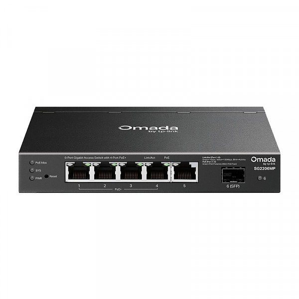 Smart switch,  5x 10/100/1000 RJ-45, 1x SFP, PoE+ (TP-Link SG2206MP) 